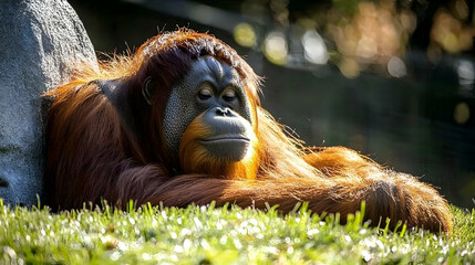 Obraz premium Majestic Orangutan Relaxing in Natural Habitat Under Soft Sunlight
