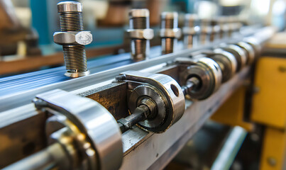 Fototapeta premium Detailed Close-Up of Industrial Machinery Parts in a Manufacturing Environment Highlighting Precision Engineering and Craftsmanship