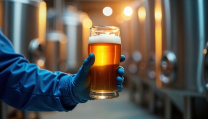Close up view of gloved hand holding glass of beer in brewery. Industrial brewing equipment visible in background. Brewer checks quality control of freshly brewed beverage. Modern brewing facility.