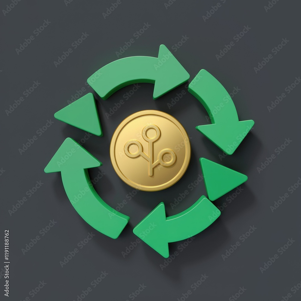 Poster Circular green arrows encircling a gold coin with a network symbol, representing a cyclical process or system.
