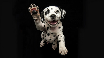 Happy dalmatian puppy with playful attitude raises paw against black background