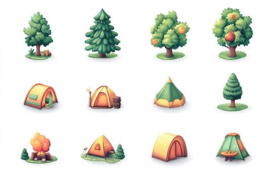 Colorful illustrations of trees and camping tents creating a vibrant outdoor environment suitable for diverse adventures
