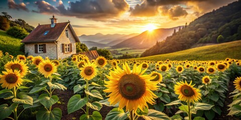 Whimsical Sunflower Cottage: Scenic Hillside Landscape, Artful Nature Photography