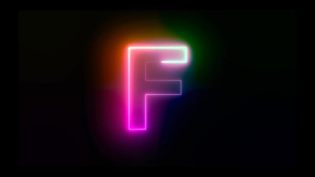 Letter F with an abstract, colorful neon effect and motion animation in 4K video footage.