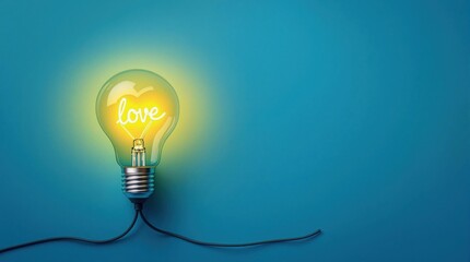 Yellow heart glowing inside an electric light bulb, hanging against a soft blue studio background with ample copy space. Valentine's Day concept, symbolizing love, creativity, and inspiration