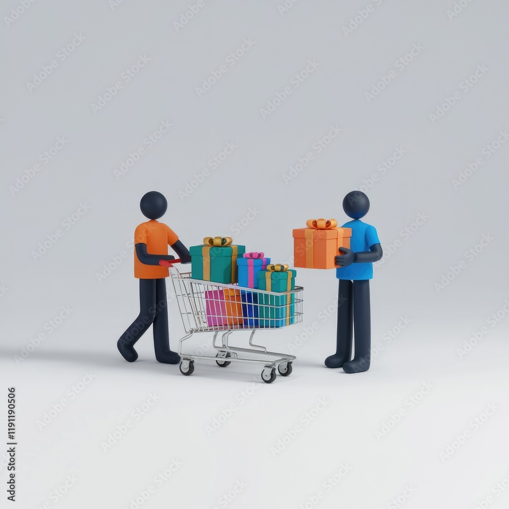 Poster two 3d figures shopping for gifts, filling a cart with colorful presents.