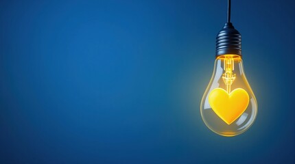 Yellow heart glowing inside an electric light bulb, hanging against a soft blue studio background with ample copy space. Valentine's Day concept, symbolizing love, creativity, and inspiration