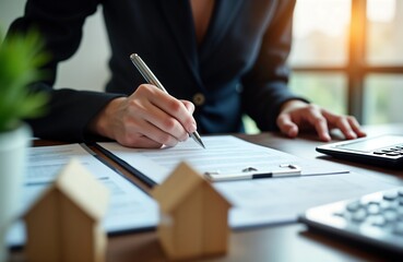 Businesswoman signs real estate contract. Signs documents for property purchase mortgage rental. Legal agreement for home investment. Pro woman deals with financial transactions. Papers, calculator
