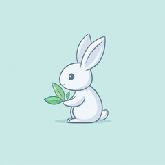 Obraz premium Cute white rabbit holding leaves, pastel background, children's book illustration