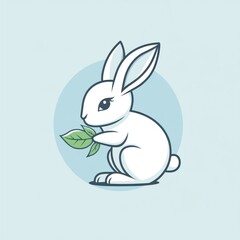 Obraz premium Cute white rabbit eating leaves, pastel background, logo design