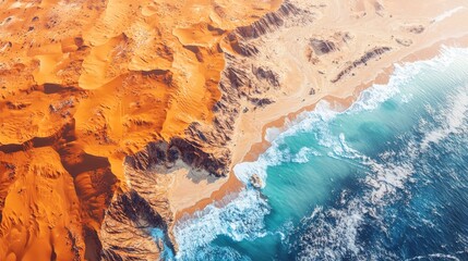 Naklejka premium Aerial view of desert patterns and ocean waves satellite imagery natural landscape vibrant colors