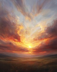 Fototapeta premium Crimson sunset over serene landscape nature scene twilight glow peaceful environment vibrant hues artistic view