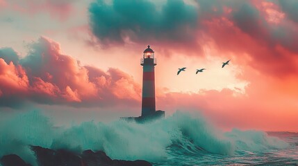Fototapeta premium Majestic lighthouse on rocky shore with waves and colorful clouds