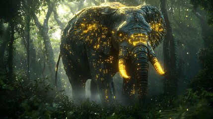 Digital Elephant in a Lush Forest with Glowing Circuit Patterns