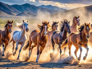 Obraz premium Wild Mustang Herd Running, Kicking, Reno Nevada - Dramatic Action Stock Photo