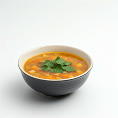 close up of bowl of yellow vegetable soup with parsley garnish on white background