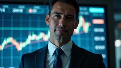 Portrait of a banker in a sleek suit, blurred financial chart background. Confident, composed expression conveys expertise. No hands visible.