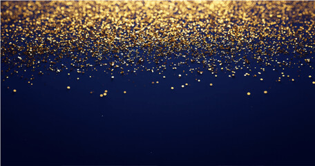 abstract background with Dark blue and gold particle. Christmas Golden light shine particles bokeh on navy blue background. Gold foil texture. Holiday concept.