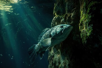 Underwater photograph solitary grouper fish in mossy cliff crevice
