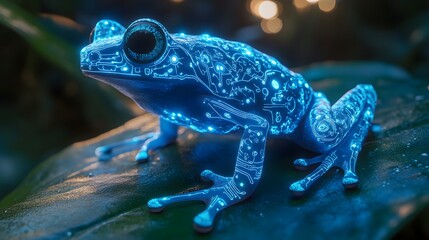 Futuristic Frog with Glowing Circuit Patterns in Greenery Background