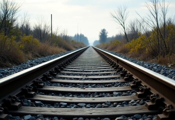 Train tracks with gray rocks and vegetation on sides