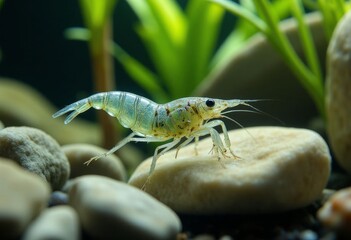 Transparent shrimp walking on light colored rocks