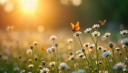 Fototapete Pflegezentrum Beautiful white flowers bloom in meadow bathed in sunlight. Butterflies gracefully fly amongst flowers during sunrise. Nature scene in spring or summer. Calm atmosphere in the field.  © Maryna