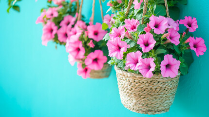 Hanging pink petunias in baskets against a turquoise background