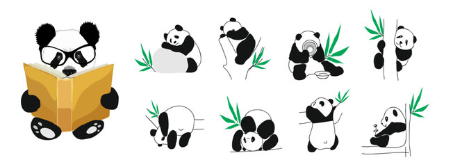 Sey of cute baby panda cartoon characters in different poses. vector hand drawn illustrations isolated on white background