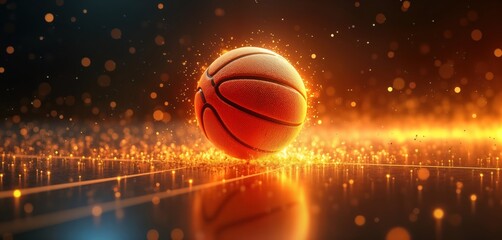 Glowing amber basketball on dynamic background. Futuristic sports theme. Energetic vibrant colors. Abstract digital art. Possible use for tech company, sports brand, game developer. Modern, creative