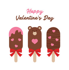 A illustration for 'Valentine's Day', a day when lovers give each other chocolates. A set of illustrations and a bear-shaped chocolate bar with heart decoration.