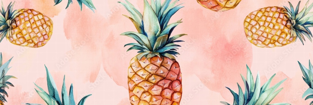 Aufkleber Watercolor pineapple pattern with vibrant greens and fruity tones on a soft pink background. Generative AI