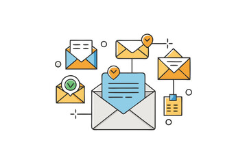 Collection of email and message icons for digital communication, including envelopes, notifications, and inbox tools
