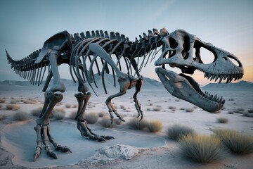 Tyrannosaurus Rex skeleton in a desert landscape, a prehistoric giant's remains.