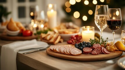 Naklejka premium A wine tasting event features diverse flavors and elegant decor. Festive table setting with wine, cheese, and charcuterie display.