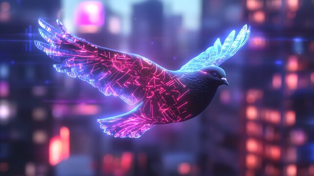 Futuristic Digital Bird Soaring Over Urban Cityscape at Dusk