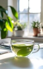Matcha tea served in a sleek glass cup, surrounded by clean desk elements, perfect for focus and productivity