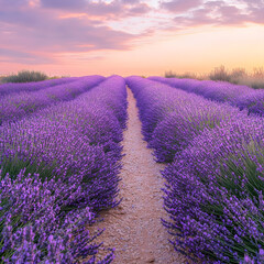 Obraz premium Lavender field at sunrise. Rows of purple flowers stretch to the horizon, bathed in the warm light of dawn. A peaceful and idyllic scene.