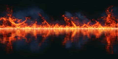 Long line of fire is reflected in the water