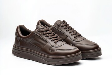 Dark brown leather lace-up running shoes with low tops, thick soles. The laces and black rubber outsole. Sporty look. Men to wear during outdoor activities, hiking. Brown shoes. Trendy Male Boots Pair