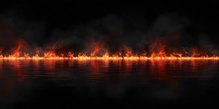 Long line of fire is reflected in the water