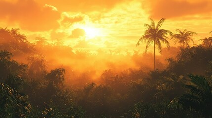 Sunset Over Lush Jungle with Palm Trees and Mystical Fog