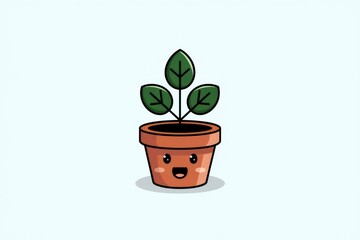 Obraz premium A cute cartoon potted plant with a happy face and three leaves.