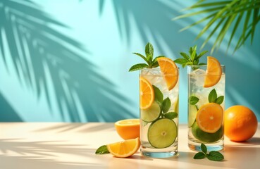 Two refreshing summer mojito cocktails with orange, lime slices featured on blue, beige background. Ice cubes, fresh mint leaves add touch of coolness. Sunny shadows create vibrant summer mood on