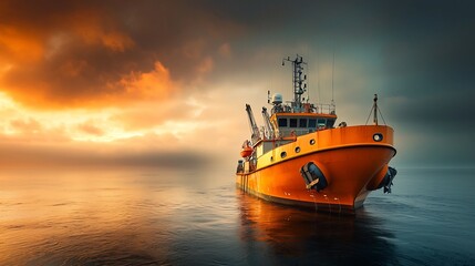 Fototapeta premium Offshore seismic survey vessel equipped with high tech sonar technology conducting seafloor mapping in a serene ocean vista with dramatic clouds and golden hour lighting