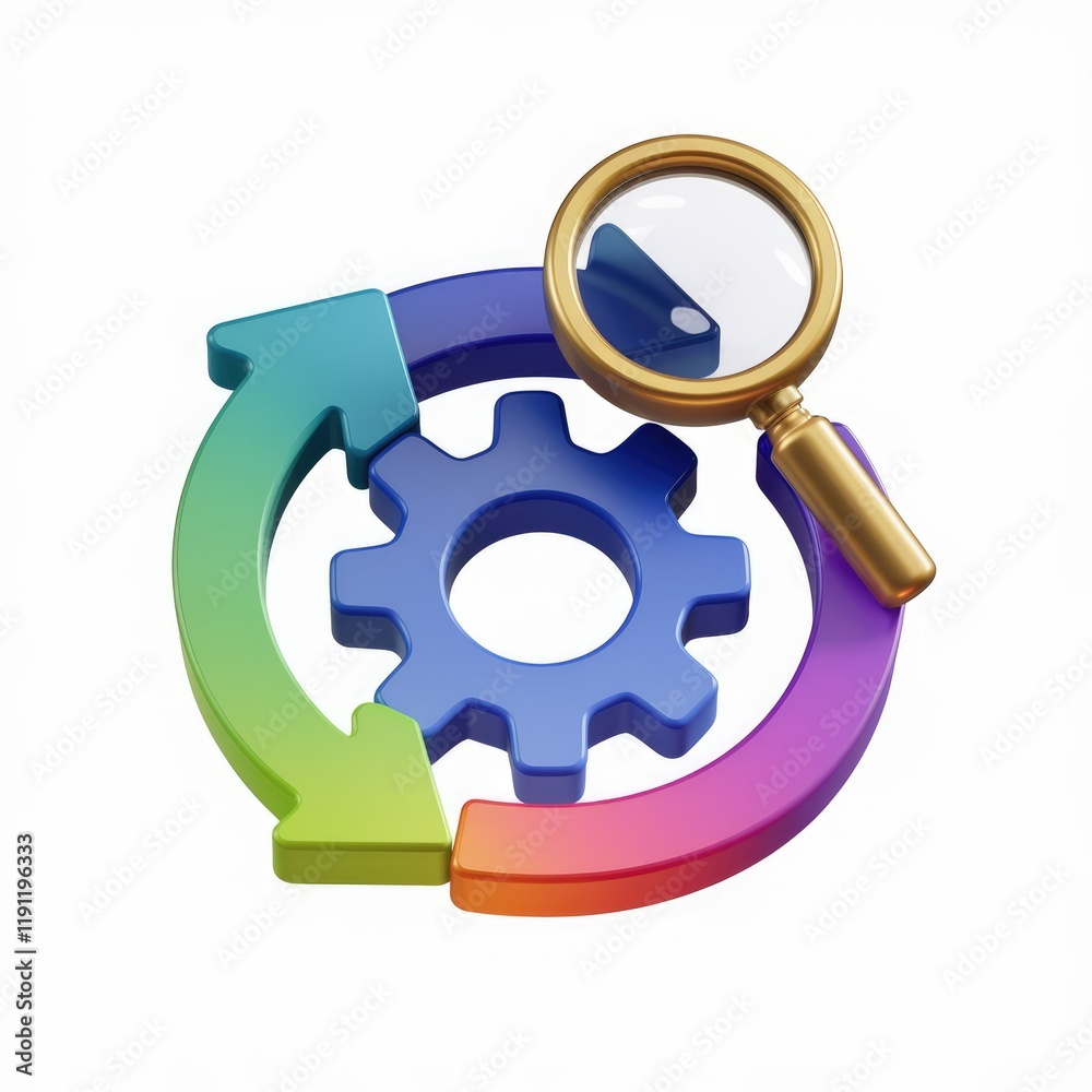Aufkleber 3D rendering of a colorful circular process with a gear and magnifying glass, symbolizing optimized workflow and continuous improvement.