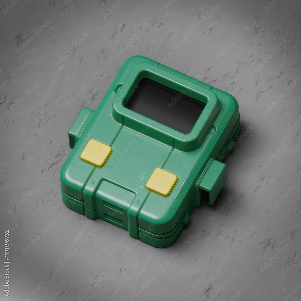 Poster A retro-styled green handheld device with a screen and buttons, reminiscent of old gaming consoles or communicators.