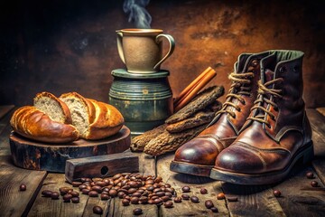 Worn Military Boots & Rustic Food Still Life:  Aged Leather, Bread, Coffee Beans, Vintage Setting