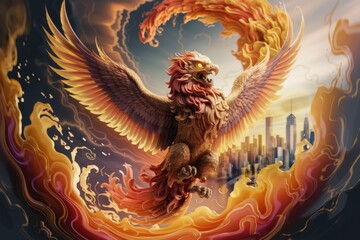 Fototapeta premium A majestic phoenix, engulfed in flames, soars above a modern cityscape, symbolizing rebirth and power.