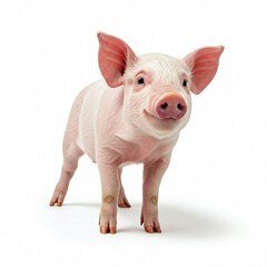 cute pink piglet standing isolated on white background looking up at camera